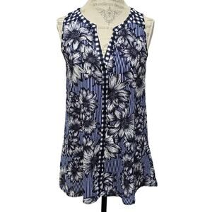 Spense Blue Sunflower Floral Gingham Button Shear Sleeveless Tunic Blouse Shirt